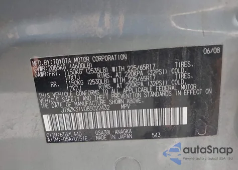 2008 Toyota Rav4 Limited V6 from USA, damaged, VIN JTMZK31V085022432